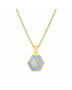 Fashion Inlaid Shell Letter Geometric Titanium Steel Necklace Colorza-Blue-X