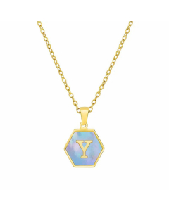 Fashion Inlaid Shell Letter Geometric Titanium Steel Necklace Colorza-Blue-Y