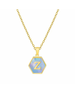 Fashion Inlaid Shell Letter Geometric Titanium Steel Necklace Colorza-Blue-Z