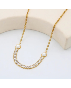 Trendy Square Zircon Inlaid Titanium Steel Pearl Gold Necklace Colorza-01-White