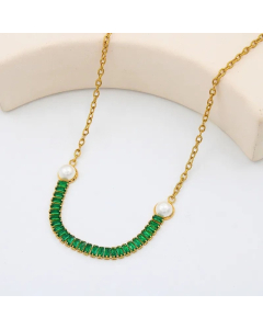 Trendy Square Zircon Inlaid Titanium Steel Pearl Gold Necklace Colorza-01-Green