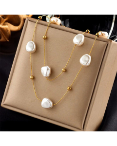 Basic Double Layer Beads Pearl Chain Titanium Steel Gold Plated Necklace Colorza