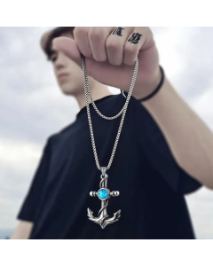 Punk Plating Turquoise Anchor Pendent Stainless Steel Necklace