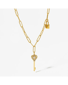 Refined Key Lock Stainless Steel Plating Artificial Diamond Pendant Necklace