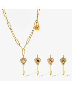 Refined Key Lock Stainless Steel Plating Artificial Diamond Pendant Necklace