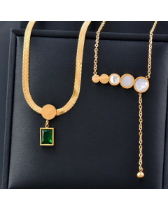 Fashion Inlay Shell Zircon Round Square Stainless Steel Pendant Necklace Colorza