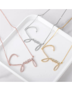 Refined Rhinestone Diamond Artificial Gemstones Inlaid Letter Name Stainless Steel Necklace