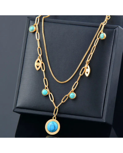 Vacation Inlaid Turquoise Round Titanium Steel Layered Necklaces Colorza