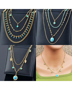 Vacation Inlaid Turquoise Round Titanium Steel Layered Necklaces Colorza