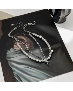 Retro Cross Pendent Double Layer Pearl Chain Titanium Steel Necklace