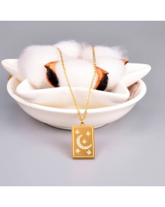 Gold Plated Zircon Star Moon Rectangle Tag Titanium Steel Pendant Necklace Colorza