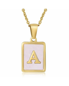 Fashion Plating Inlay Shell Square Letter Stainless Steel Pendant Necklace Colorza-Pink-A