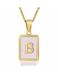 Fashion Plating Inlay Shell Square Letter Stainless Steel Pendant Necklace Colorza-Pink-B