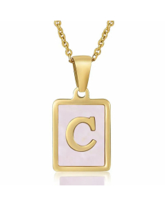 Fashion Plating Inlay Shell Square Letter Stainless Steel Pendant Necklace Colorza-Pink-C