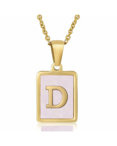 Fashion Plating Inlay Shell Square Letter Stainless Steel Pendant Necklace Colorza-Pink-D