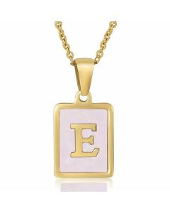 Fashion Plating Inlay Shell Square Letter Stainless Steel Pendant Necklace Colorza-Pink-E