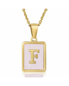 Fashion Plating Inlay Shell Square Letter Stainless Steel Pendant Necklace Colorza-Pink-F