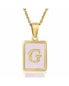 Fashion Plating Inlay Shell Square Letter Stainless Steel Pendant Necklace Colorza-Pink-G
