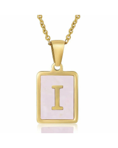 Fashion Plating Inlay Shell Square Letter Stainless Steel Pendant Necklace Colorza-Pink-I