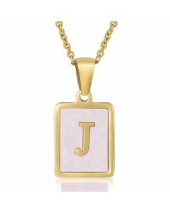 Fashion Plating Inlay Shell Square Letter Stainless Steel Pendant Necklace Colorza-Pink-J