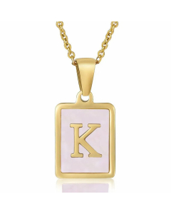 Fashion Plating Inlay Shell Square Letter Stainless Steel Pendant Necklace Colorza-Pink-K