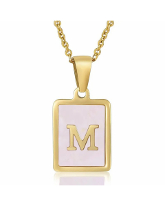 Fashion Plating Inlay Shell Square Letter Stainless Steel Pendant Necklace Colorza-Pink-M