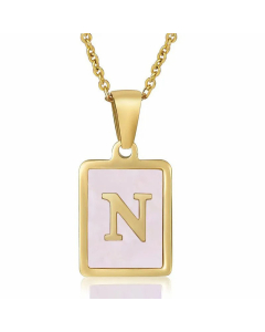 Fashion Plating Inlay Shell Square Letter Stainless Steel Pendant Necklace Colorza-Pink-N