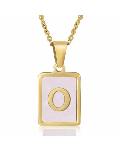 Fashion Plating Inlay Shell Square Letter Stainless Steel Pendant Necklace Colorza-Pink-O