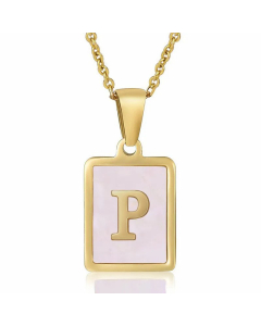 Fashion Plating Inlay Shell Square Letter Stainless Steel Pendant Necklace Colorza-Pink-P