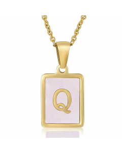 Fashion Plating Inlay Shell Square Letter Stainless Steel Pendant Necklace Colorza-Pink-Q