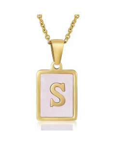 Fashion Plating Inlay Shell Square Letter Stainless Steel Pendant Necklace Colorza-Pink-S
