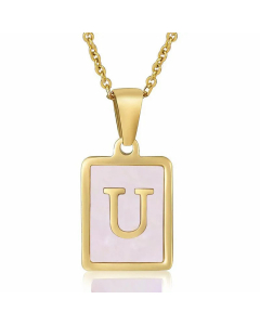 Fashion Plating Inlay Shell Square Letter Stainless Steel Pendant Necklace Colorza-Pink-U
