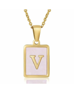 Fashion Plating Inlay Shell Square Letter Stainless Steel Pendant Necklace Colorza-Pink-V