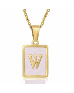 Fashion Plating Inlay Shell Square Letter Stainless Steel Pendant Necklace Colorza-Pink-W