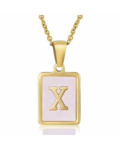 Fashion Plating Inlay Shell Square Letter Stainless Steel Pendant Necklace Colorza-Pink-X