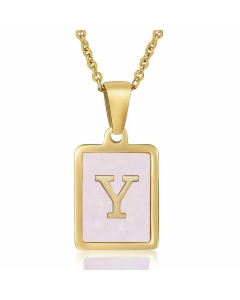 Fashion Plating Inlay Shell Square Letter Stainless Steel Pendant Necklace Colorza-Pink-Y