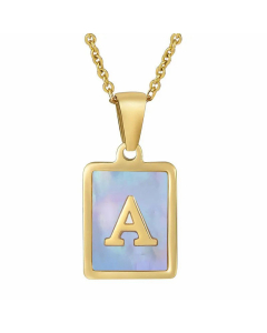 Fashion Plating Inlay Shell Square Letter Stainless Steel Pendant Necklace Colorza-Blue-A