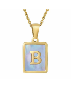 Fashion Plating Inlay Shell Square Letter Stainless Steel Pendant Necklace Colorza-Blue-B