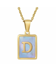 Fashion Plating Inlay Shell Square Letter Stainless Steel Pendant Necklace Colorza-Blue-D