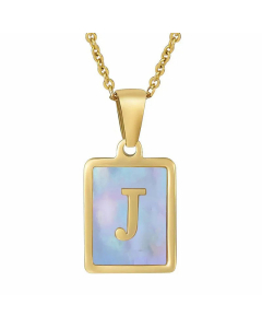Fashion Plating Inlay Shell Square Letter Stainless Steel Pendant Necklace Colorza-Blue-J