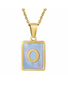 Fashion Plating Inlay Shell Square Letter Stainless Steel Pendant Necklace Colorza-Blue-O
