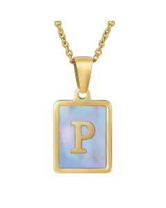 Fashion Plating Inlay Shell Square Letter Stainless Steel Pendant Necklace Colorza-Blue-P