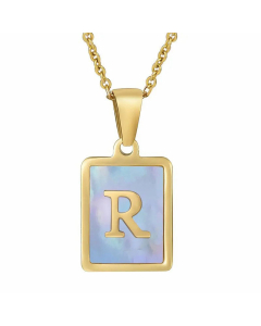 Fashion Plating Inlay Shell Square Letter Stainless Steel Pendant Necklace Colorza-Blue-R