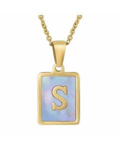 Fashion Plating Inlay Shell Square Letter Stainless Steel Pendant Necklace Colorza-Blue-S