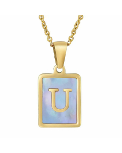 Fashion Plating Inlay Shell Square Letter Stainless Steel Pendant Necklace Colorza-Blue-U