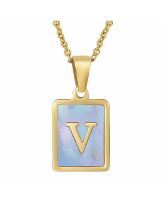 Fashion Plating Inlay Shell Square Letter Stainless Steel Pendant Necklace Colorza-Blue-V