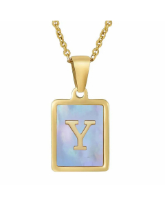 Fashion Plating Inlay Shell Square Letter Stainless Steel Pendant Necklace Colorza-Blue-Y