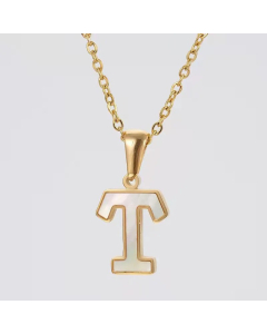 Fashion Plating Inlay Shell Letter Stainless Steel Titanium Steel Pendant Necklace Colorza -White-T