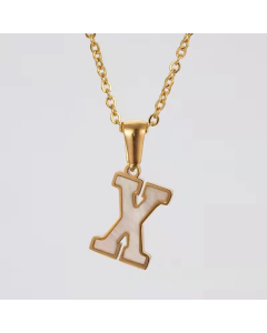 Fashion Plating Inlay Shell Letter Stainless Steel Titanium Steel Pendant Necklace Colorza -White-X