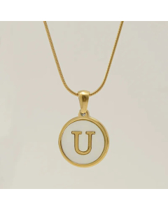 Fashion Round Letter Stainless Steel Plating Inlay Shell Pendant Necklace Colorza 